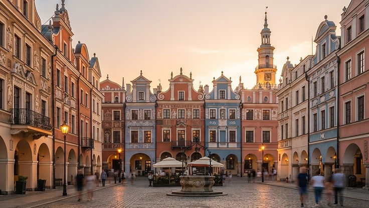 Colourful Polish old town market square at sunset with Renaissance and Baroque townhouses, arcades, a cobbled square, a fountain and a tall town hall tower