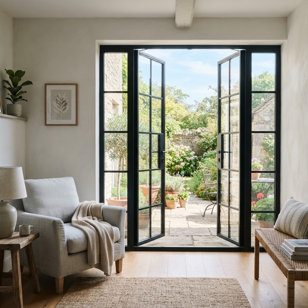 Black grid French doors opening onto a stone patio and garden