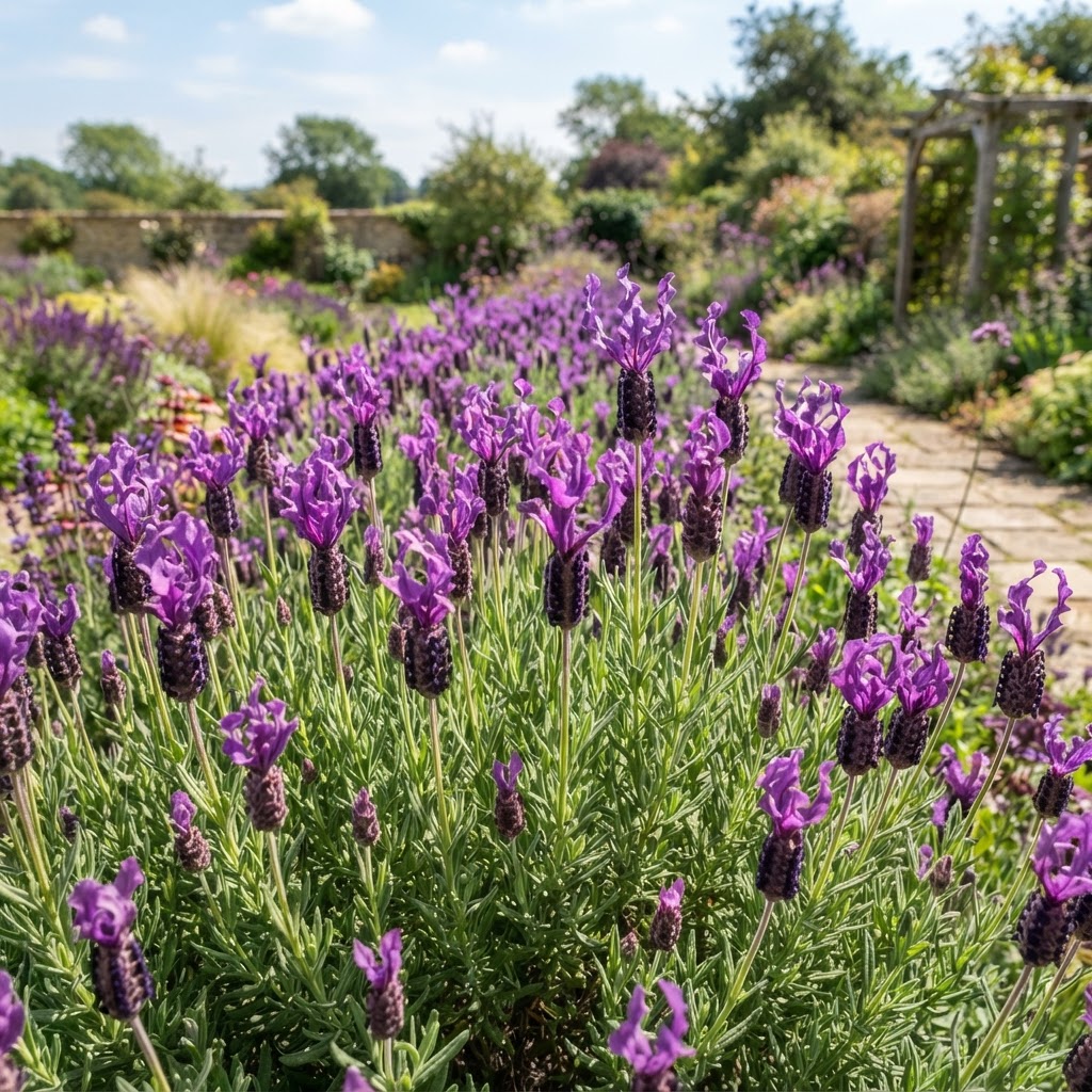 Butterfly lavender with purple flower heads topped with wavy bracts in a sunny border