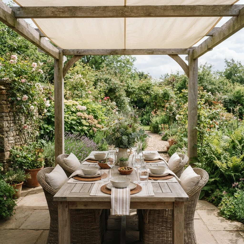 Timber pergola with a pale fabric canopy over an outdoor dining table