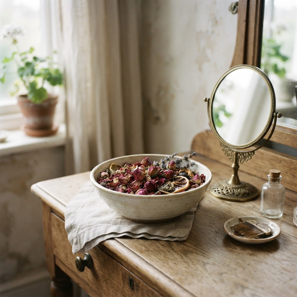 Bowl of dried rose petals and rosebuds as potpourri on a dressing table