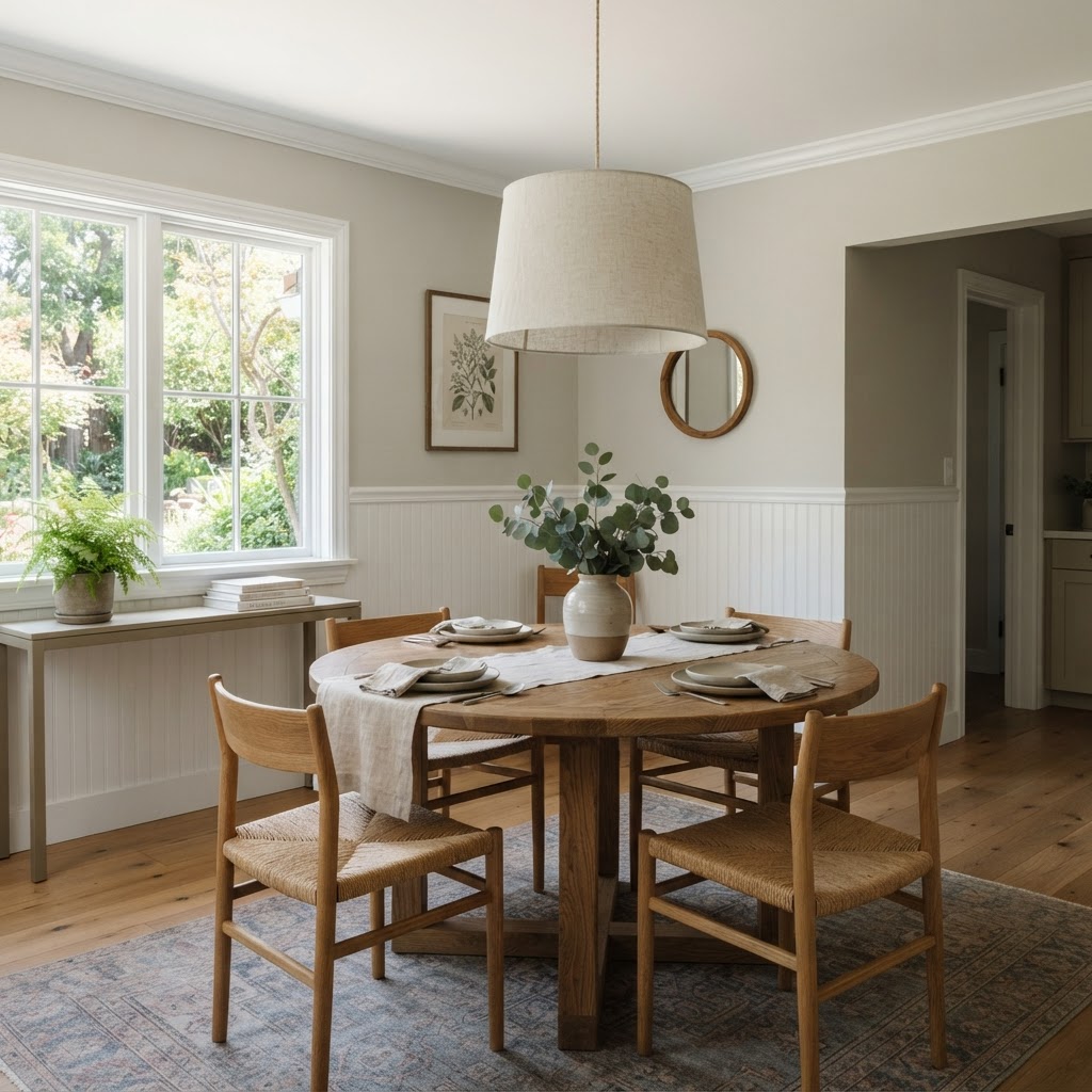 Dining room with light greige walls above white wainscoting, a round wooden dining table, rush seat chairs and a linen pendant light
