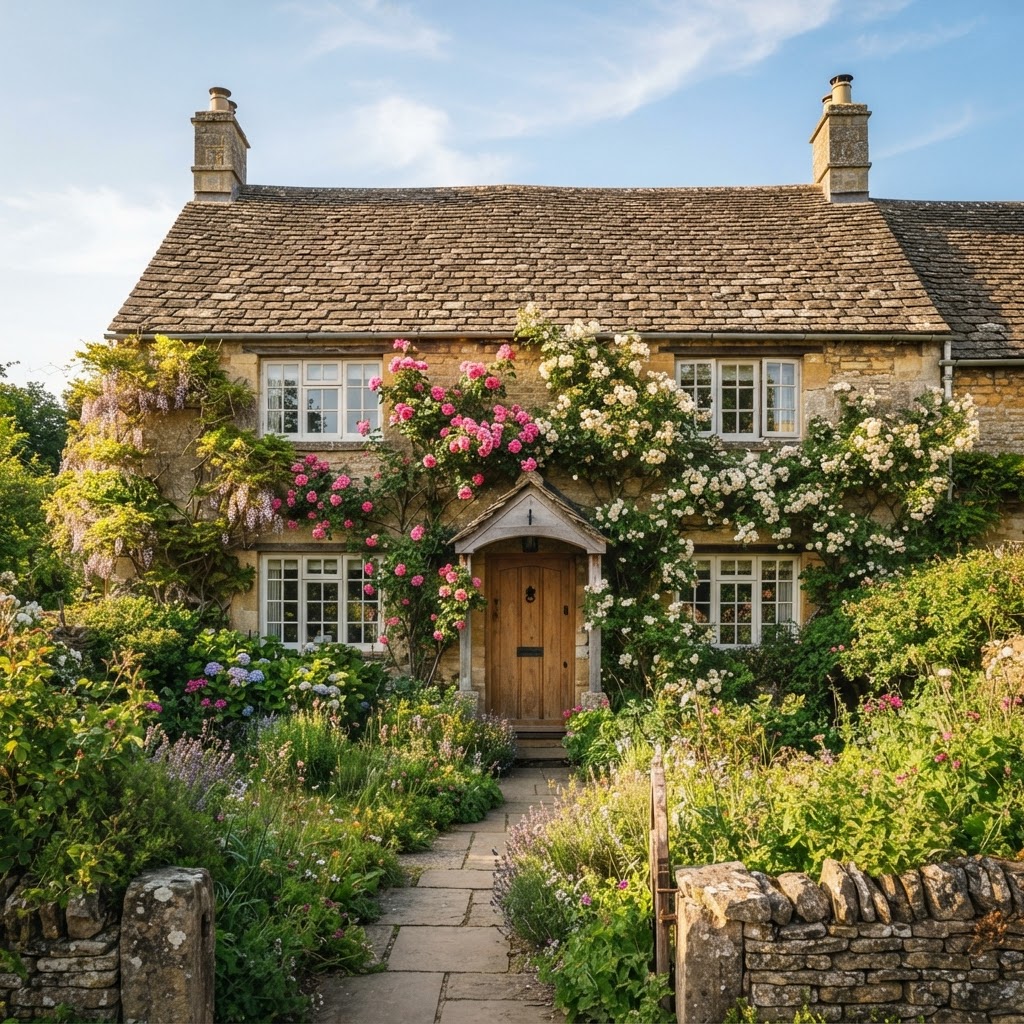 Stone cottage with small-paned casement windows framed by climbing roses