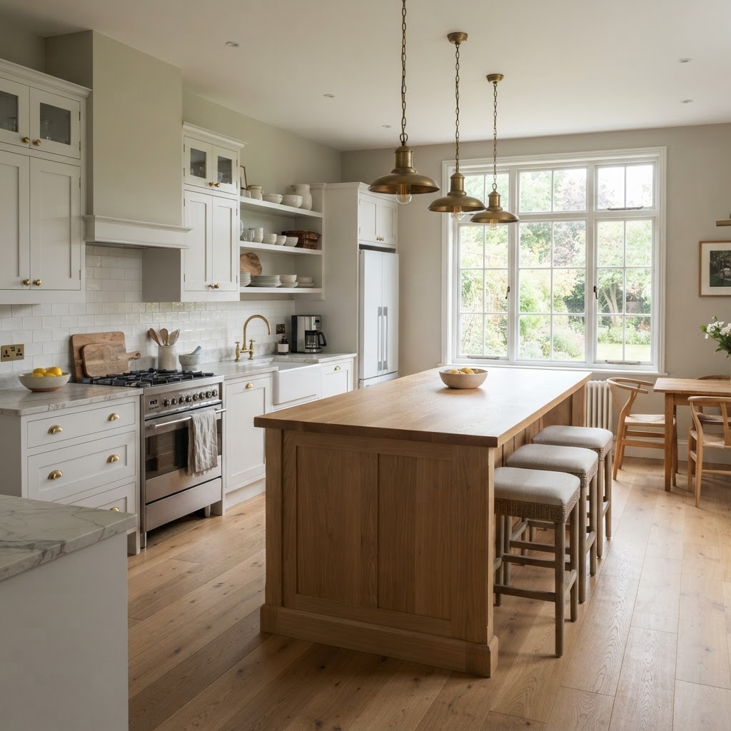Kitchen with light greige walls, white shaker cabinets, a natural oak island with stools, brass pendant lights and a stone worktop