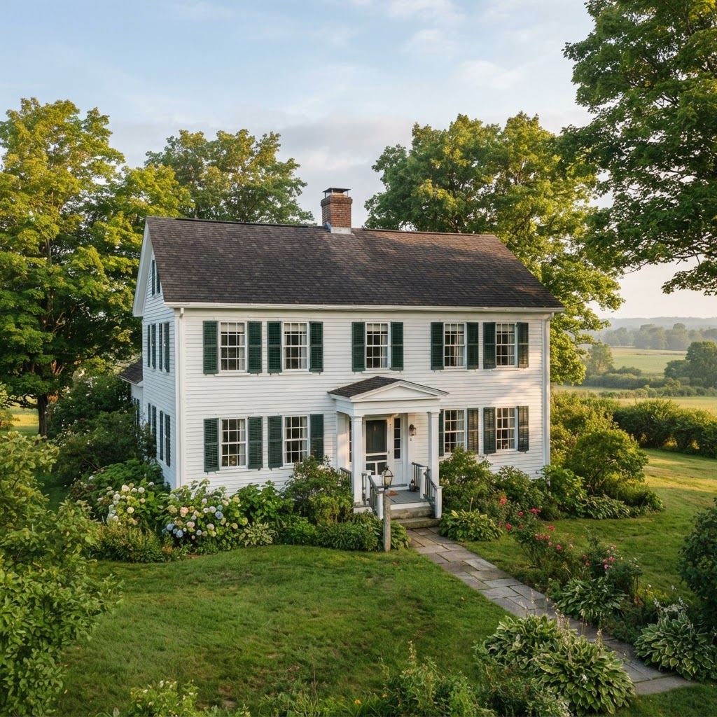 Traditional white farmhouse with six-over-six sash windows and dark green shutters