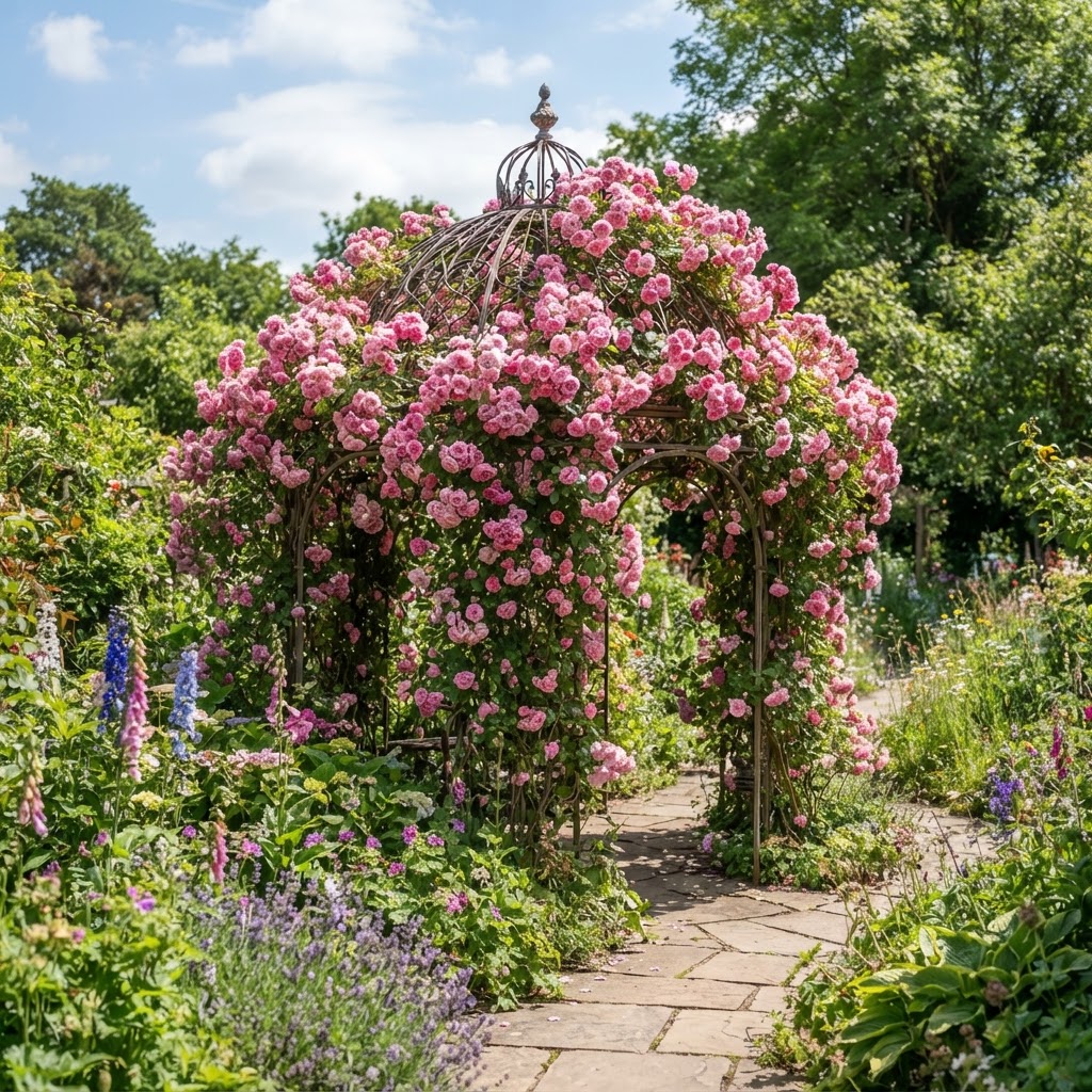 Metal garden pagoda smothered in pink climbing roses