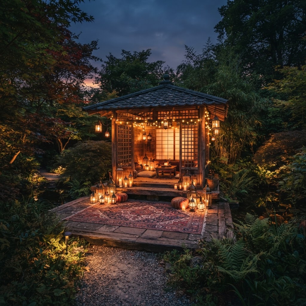 Garden pagoda with an outdoor rug and candle lanterns in the evening