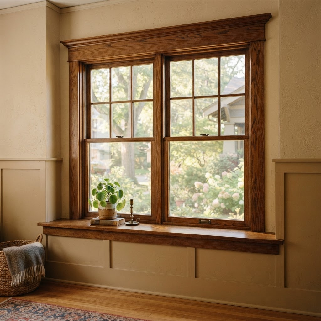 Craftsman window trim in stained wood with a thick header and a deep sill