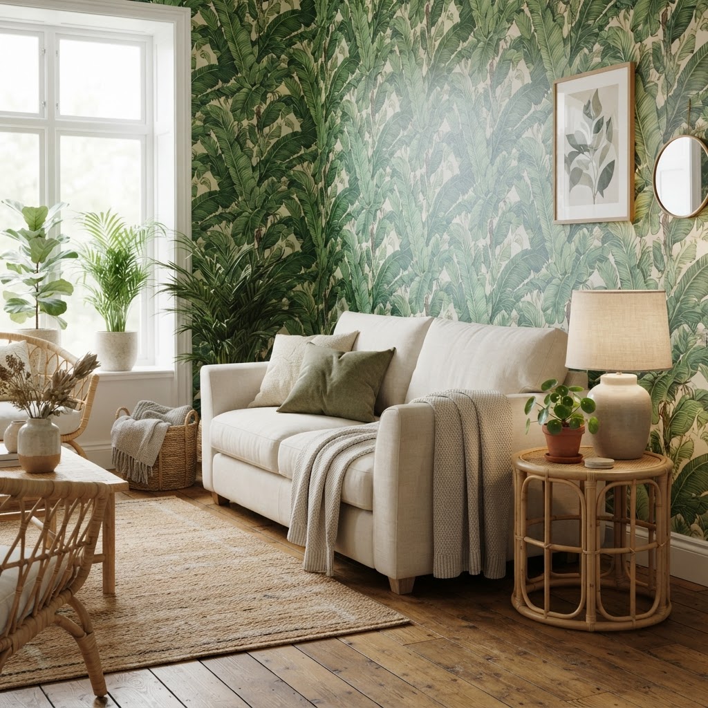 Banana leaf wallpaper on one wall of a living room with a cream sofa and rattan side table