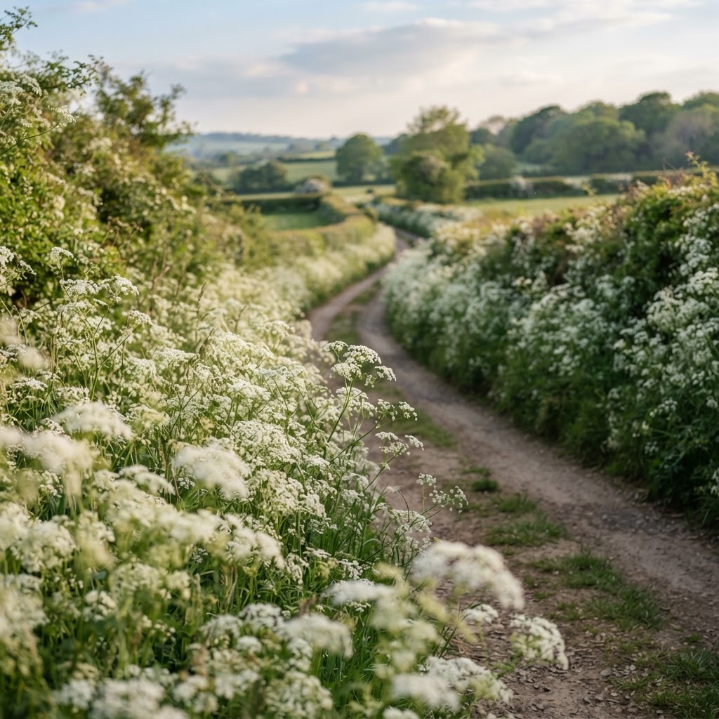 Frothy white cow parsley flowering along a country lane in late spring