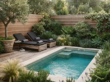 Small modern backyard with a compact rectangular plunge pool edged in pale stone, timber decking with two sun loungers, a slatted wooden fence, ornamental grasses and a potted olive tree