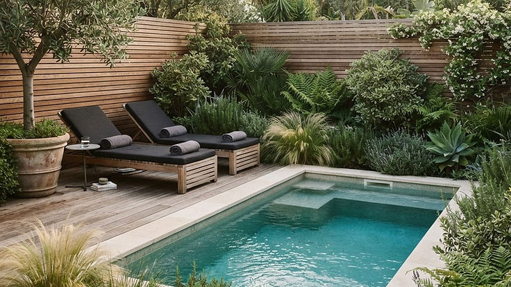 Small modern backyard with a compact rectangular plunge pool edged in pale stone, timber decking with two sun loungers, a slatted wooden fence, ornamental grasses and a potted olive tree