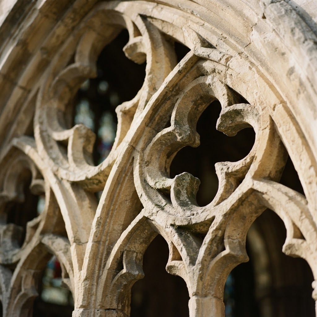 Close-up of carved stone tracery forming quatrefoils in a Gothic window