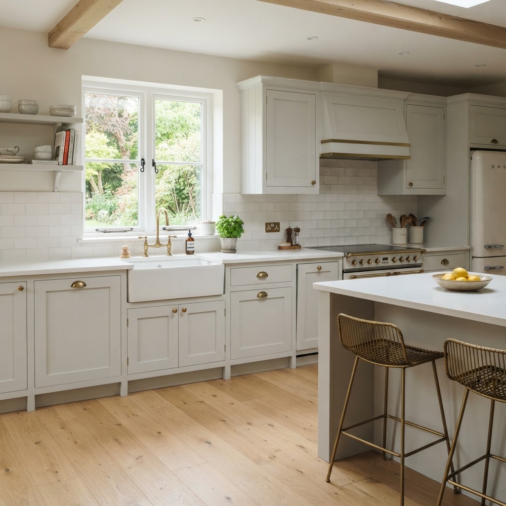 Kitchen with pale soft gray shaker cabinets, a white worktop, a butler sink under a window, brass handles, a light oak floor and an island with stools