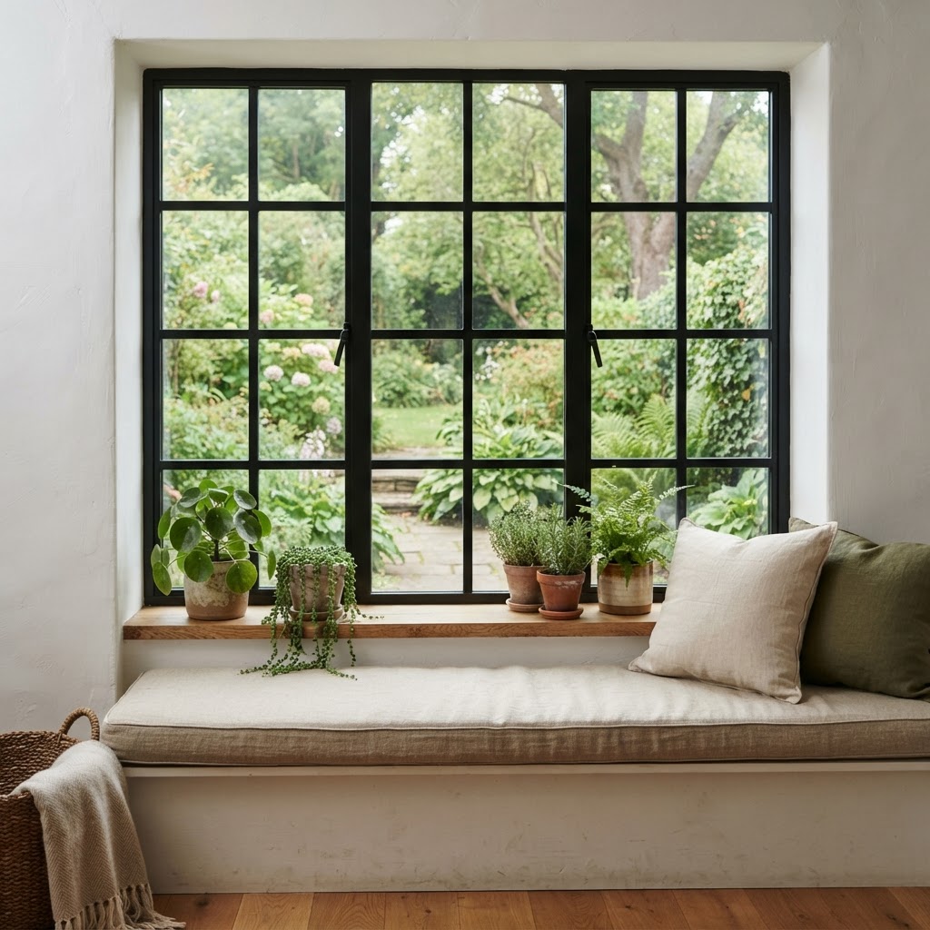 Cushioned window seat beneath a large black grid window looking out to a garden, with plants on the sill, a linen cushion and a throw