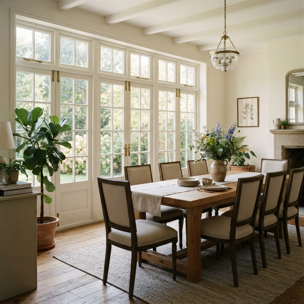 Dining room with tall divided-light French casement windows and potted plants