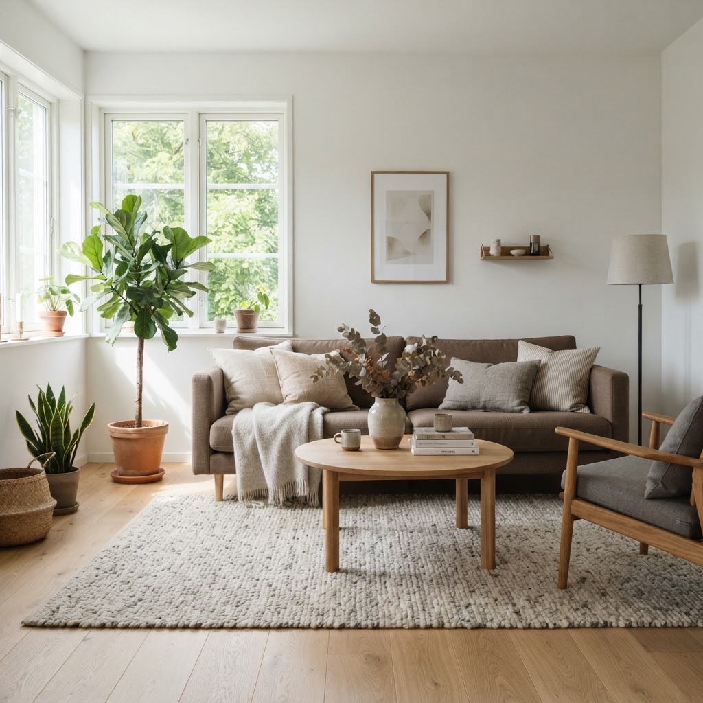 Light Scandinavian living room with a mid brown sofa, white walls, light oak floors, linen cushions, a round oak coffee table, a woven rug and plants