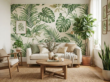 Bright living room with a large scale green botanical leaf wallpaper behind a cream linen sofa