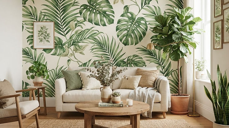 Bright living room with a large scale green botanical leaf wallpaper behind a cream linen sofa