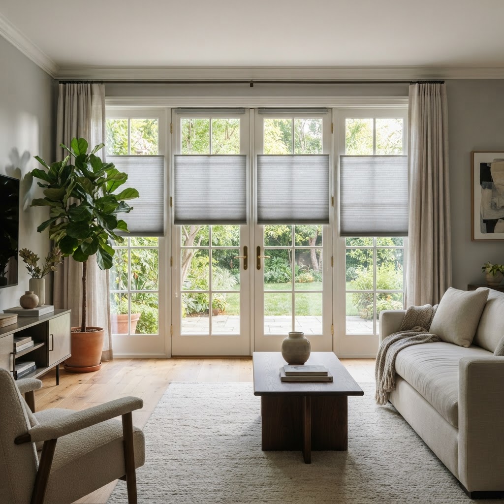 Light grey cellular honeycomb shades on French doors in a modern living room