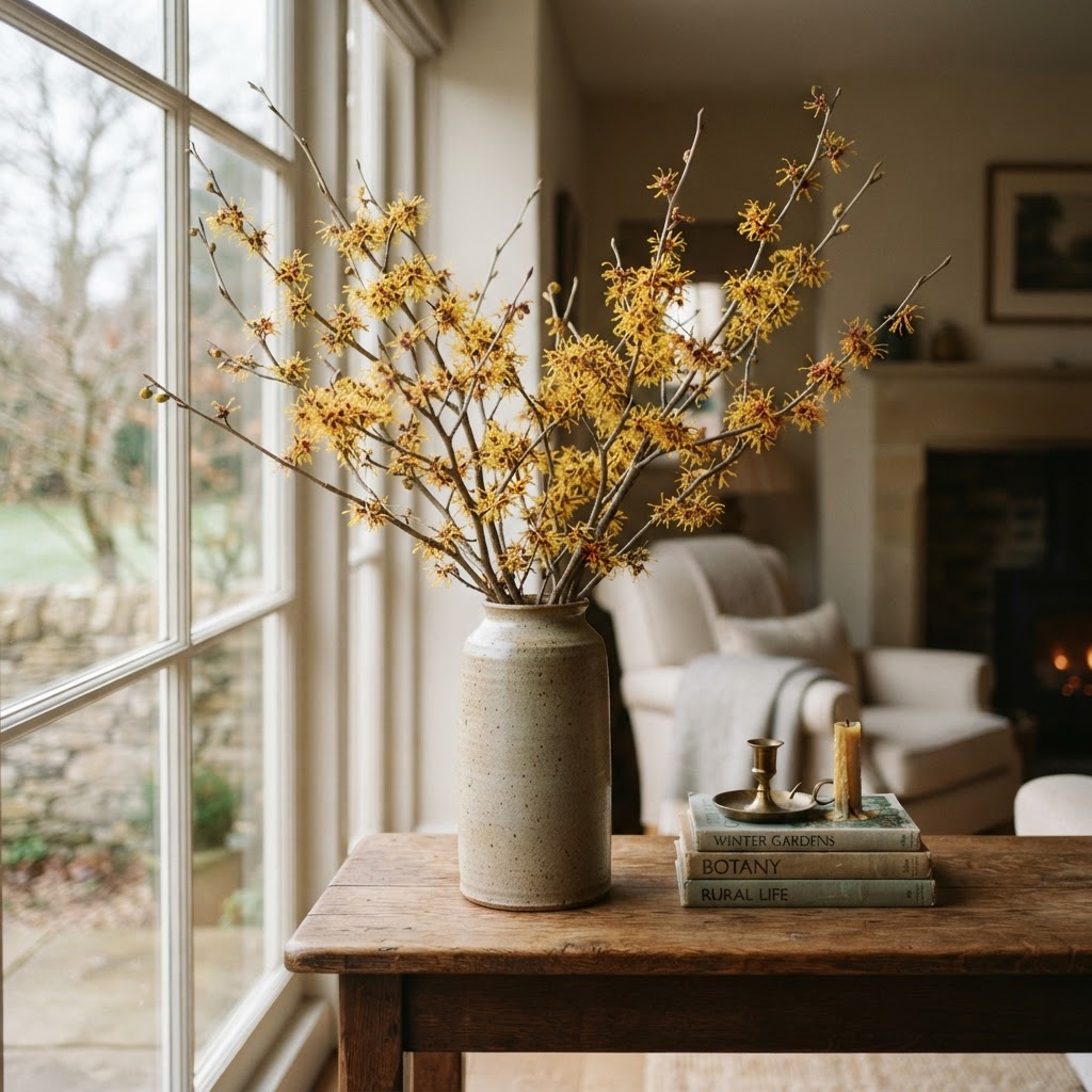 Branches of yellow winter flowering witch hazel in a tall stoneware vase on a side table