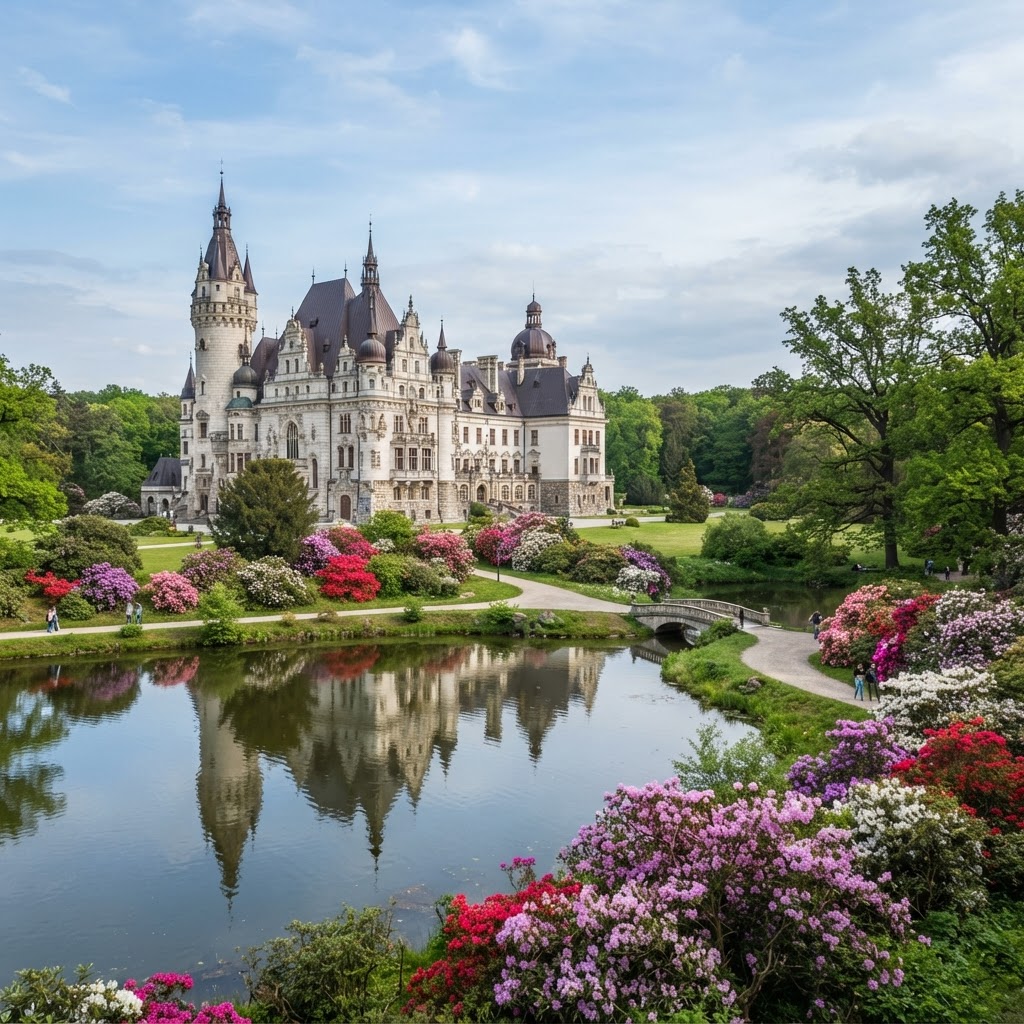 White fairytale castle with dozens of turrets and spires reflected in a pond, surrounded by a green park with pink, red and purple azaleas and rhododendrons in bloom