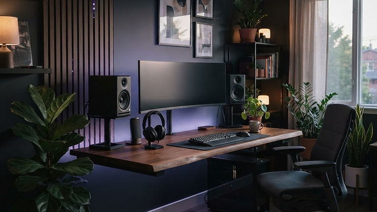 Gaming room with charcoal walls, acoustic slat panels, a wooden desk with a monitor and speakers, an ergonomic chair, purple LED lighting and plants