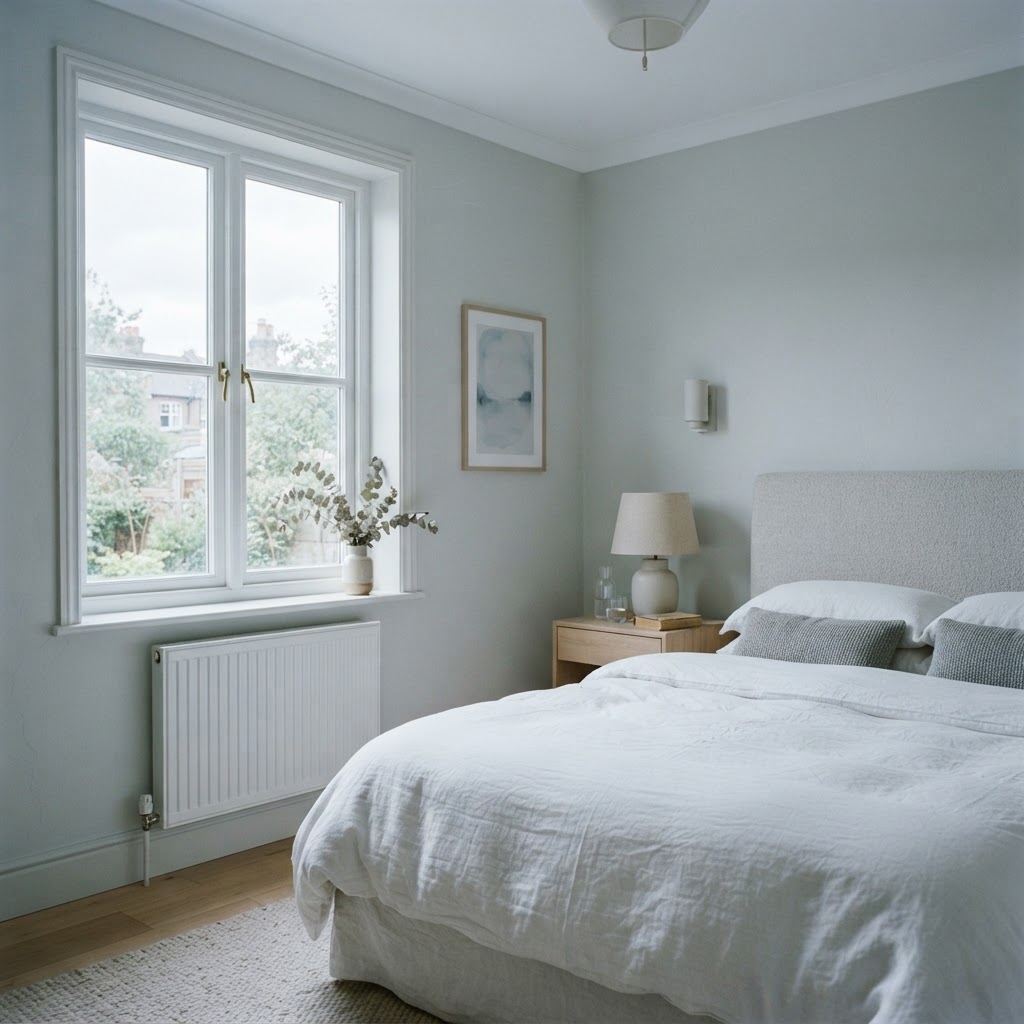 North-facing bedroom painted a pale cool grey with white bedding in soft daylight