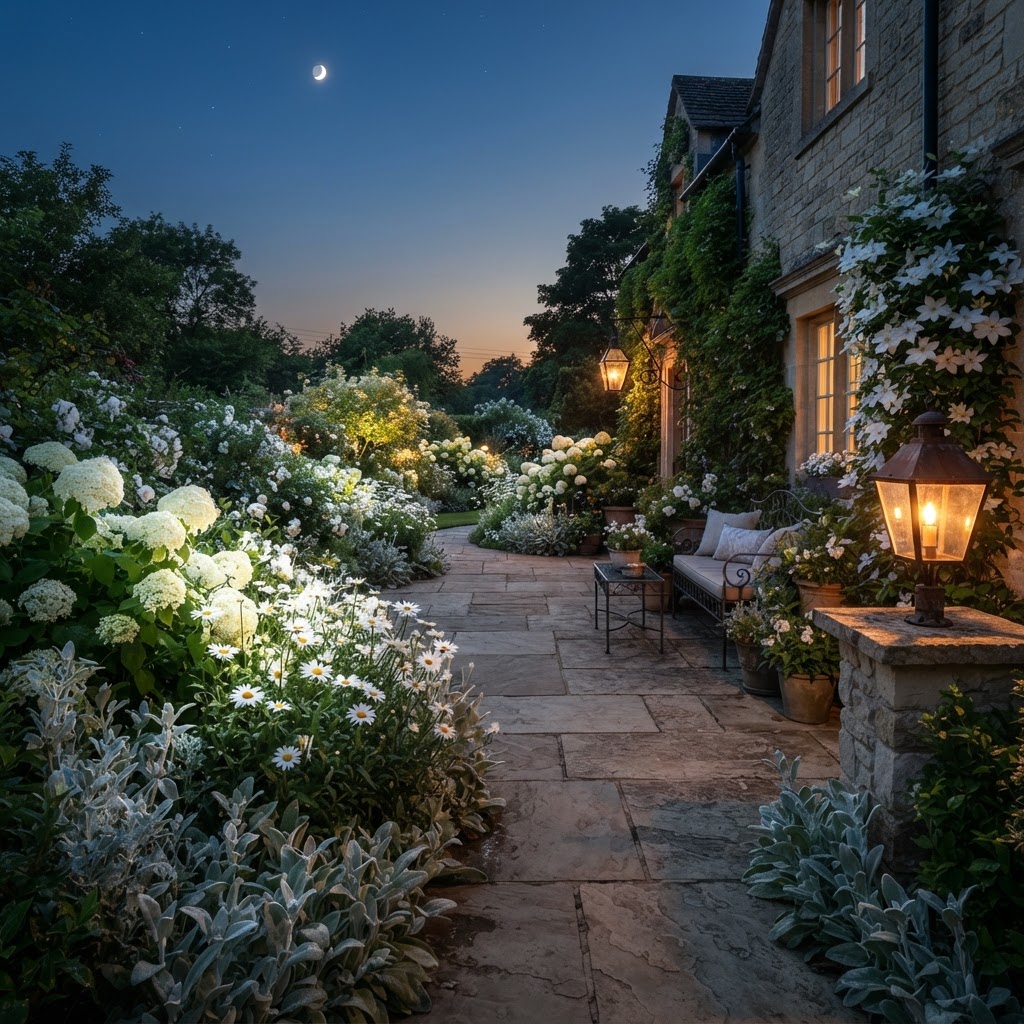Moon garden at dusk with white flowers, silver foliage and lanterns beside a stone terrace