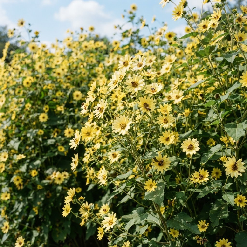 Tall perennial Lemon Queen sunflowers covered in small pale yellow flowers with bees