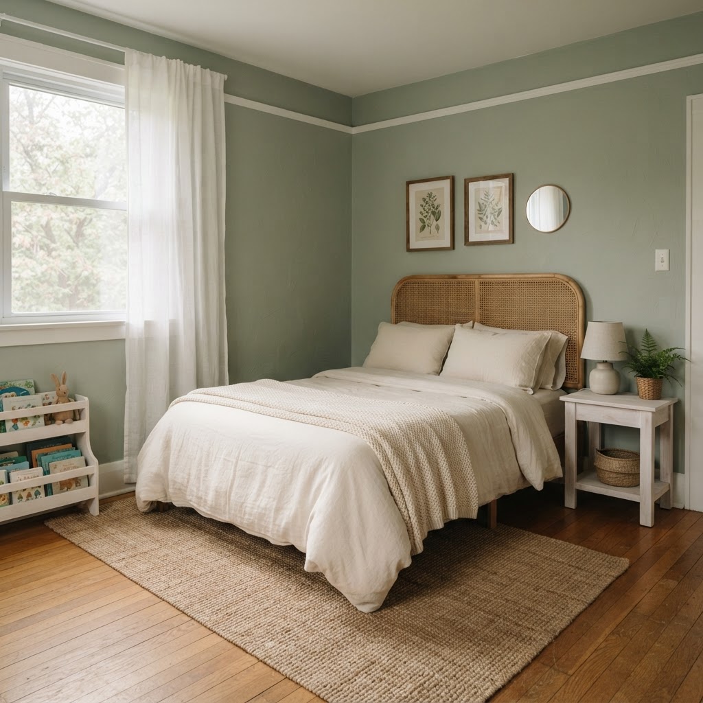 Sage green girl's bedroom with a rattan headboard and cream bedding