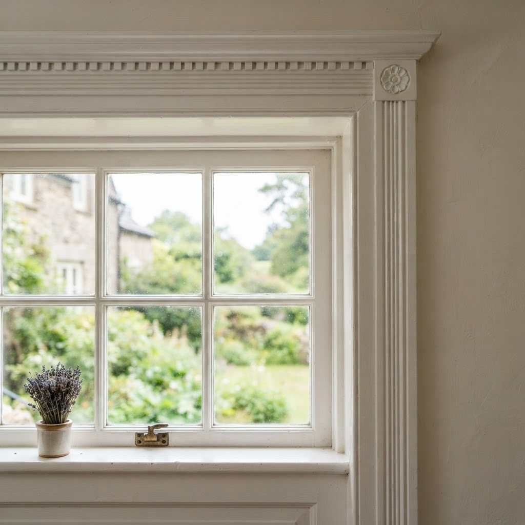 Close-up of a classic Colonial window casing with layered white moulding