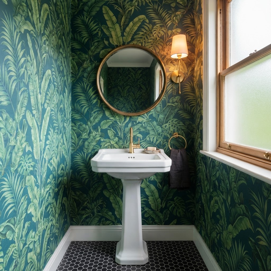Small powder room with a bold tropical leaf wallpaper, a pedestal basin, a round brass mirror and a brass wall light