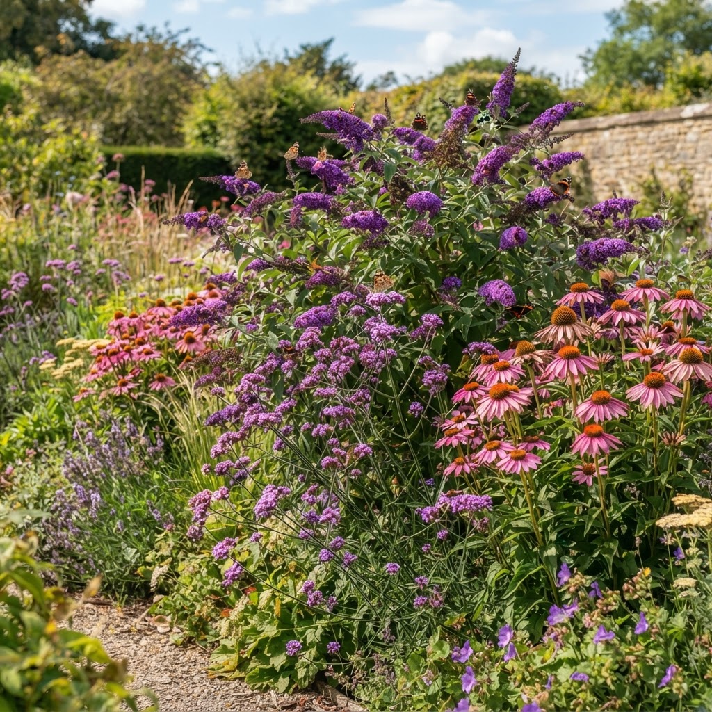 Mixed summer border with a purple butterfly bush, pink echinacea and purple verbena in sunshine