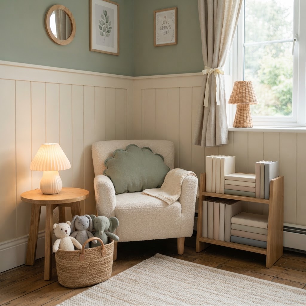Sage green and cream nursery corner with tongue and groove panelling, a cream boucle armchair with a scalloped sage cushion, a glowing mushroom lamp on an oak side table, a low oak shelf of linen-bound books and knitted soft toys
