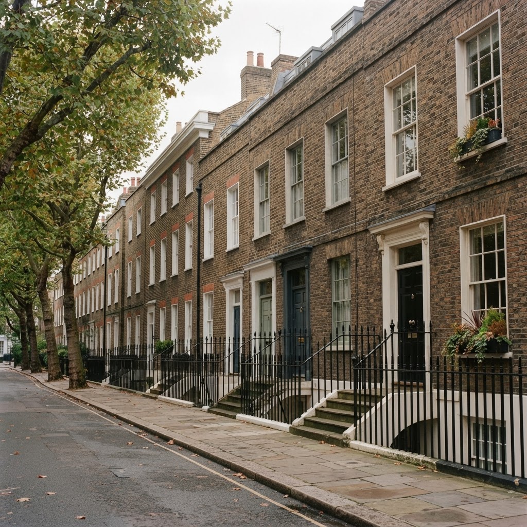 Street of narrow brick townhouses with front steps, black railings and street trees