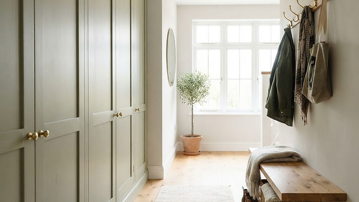 Bright entrance hallway with sage green floor-to-ceiling cupboards, an oak bench and brass coat hooks