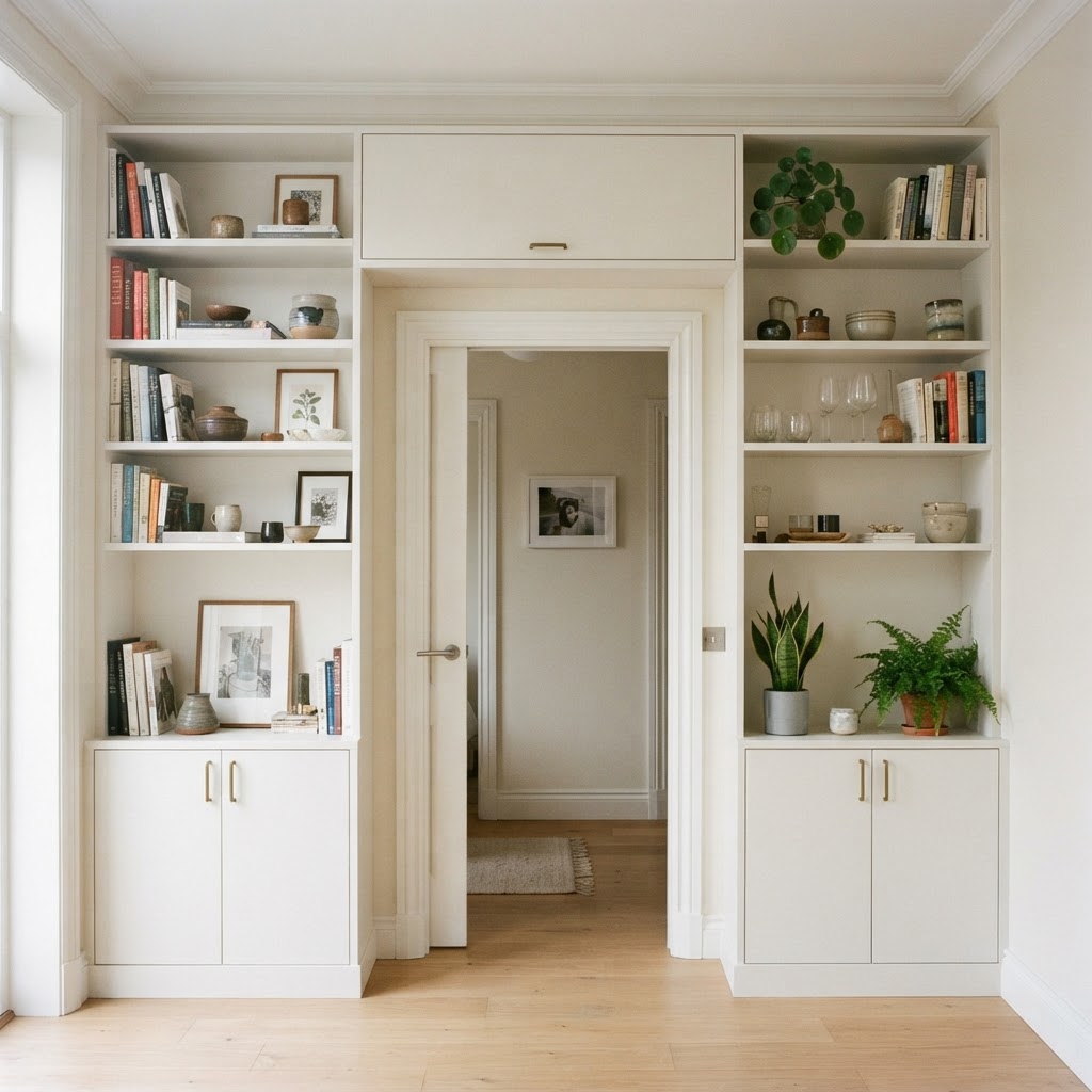 Floor-to-ceiling built-in white shelving and cupboards around a doorway in a city apartment