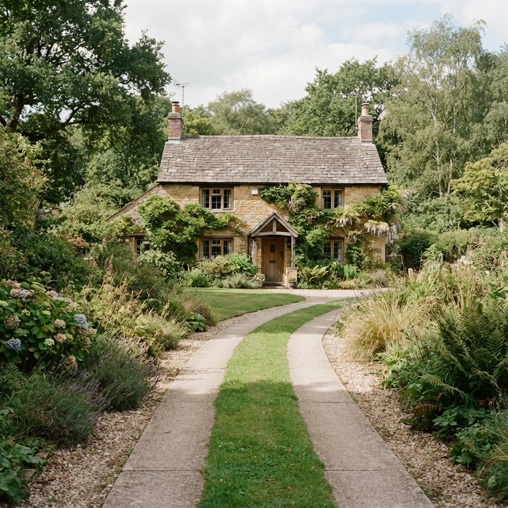 Ribbon driveway with two strips and grass down the middle leading to a stone cottage