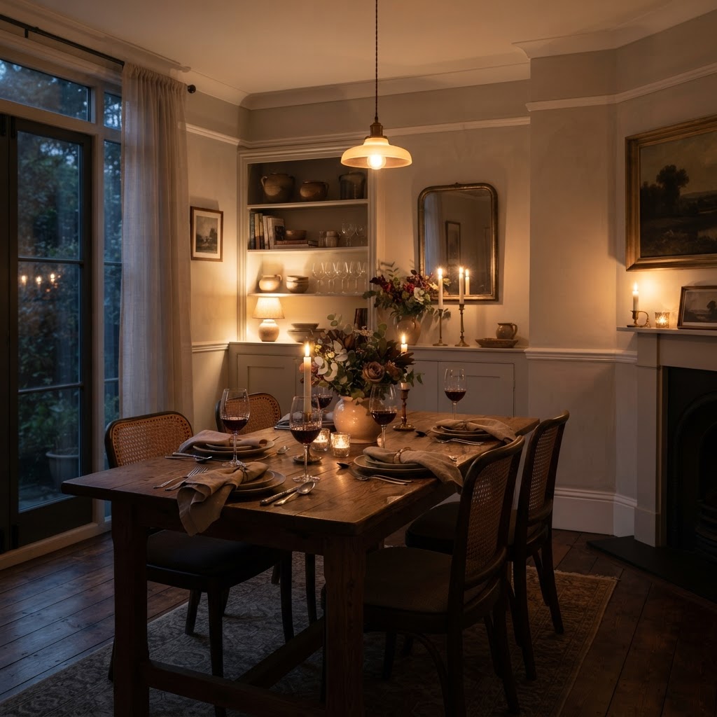 Dining room with pale greige walls lit by lamps and candles in the evening