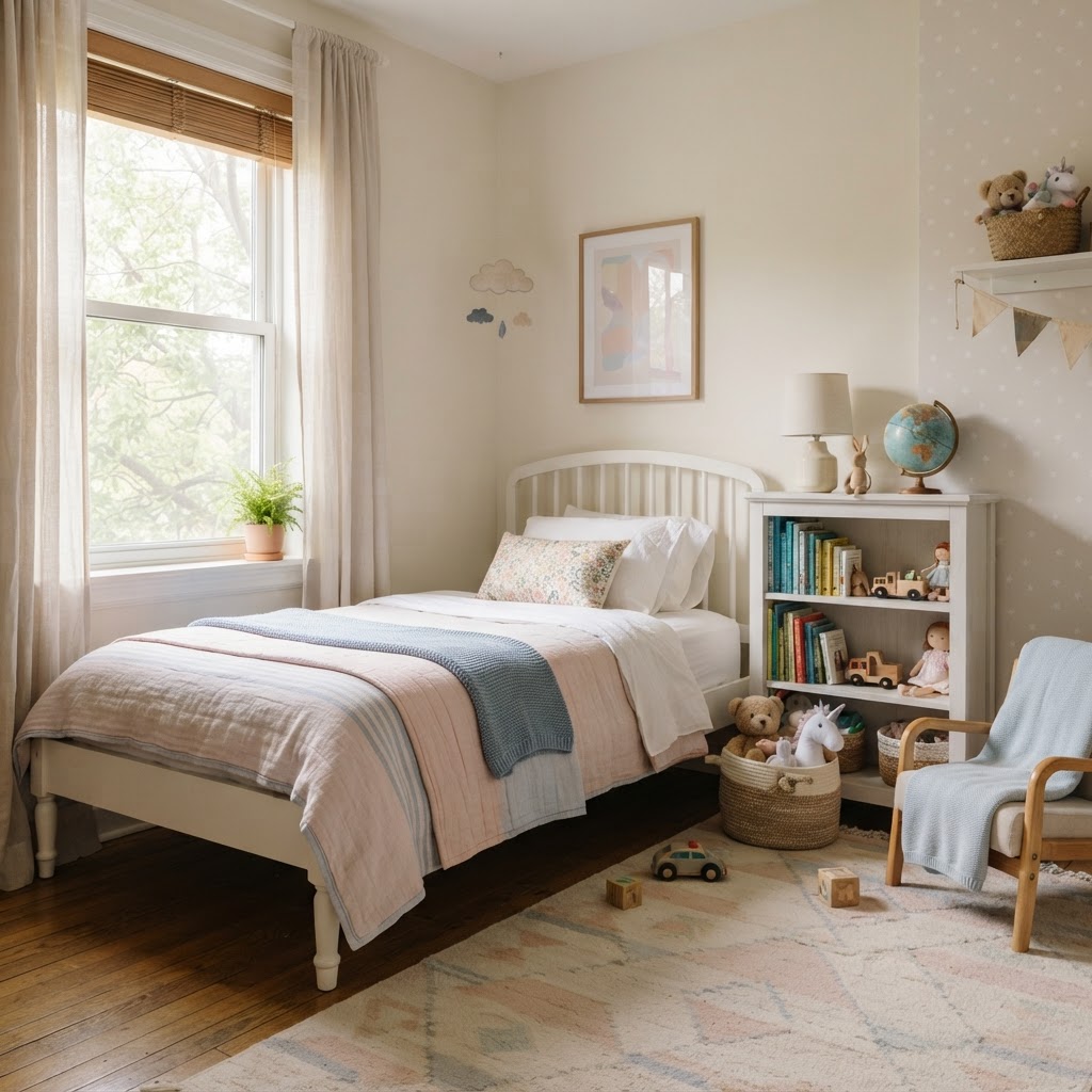 Child's bedroom with a white bed, white bookcase and soft pastel pink and blue accents