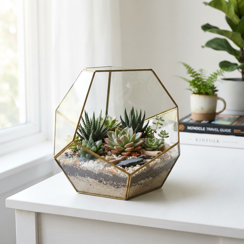 Open geometric glass and brass terrarium planted with small echeveria and haworthia succulents in sand and pebbles on a white desk
