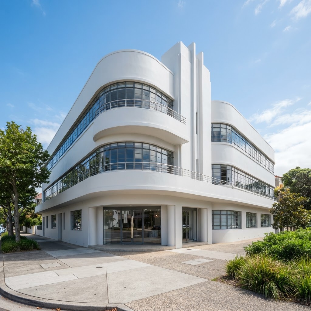 Streamline Moderne building with curved corners, smooth white render and horizontal window bands