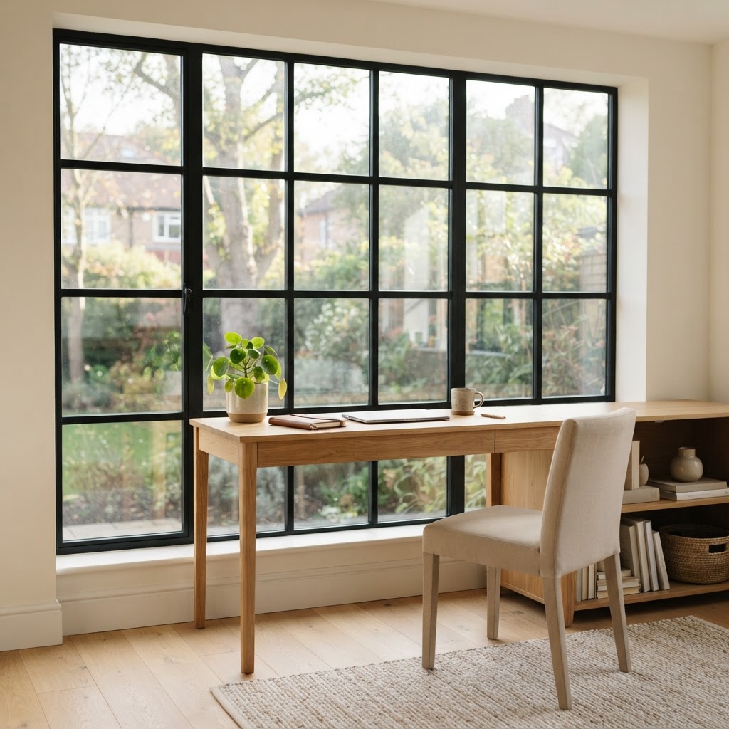 Home office with a wooden desk in front of a large black grid window