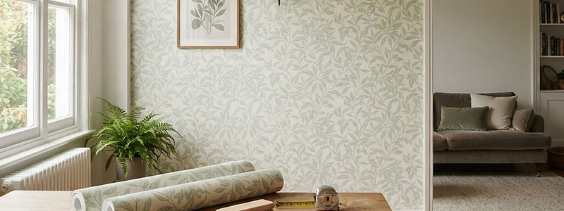 Living room feature wall hung with sage green botanical wallpaper, with wallpaper rolls, a tape measure and a pasting brush on a wooden sideboard