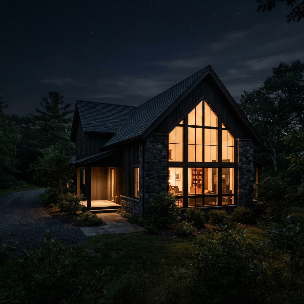 House exterior at night with a large gable window glowing with warm light