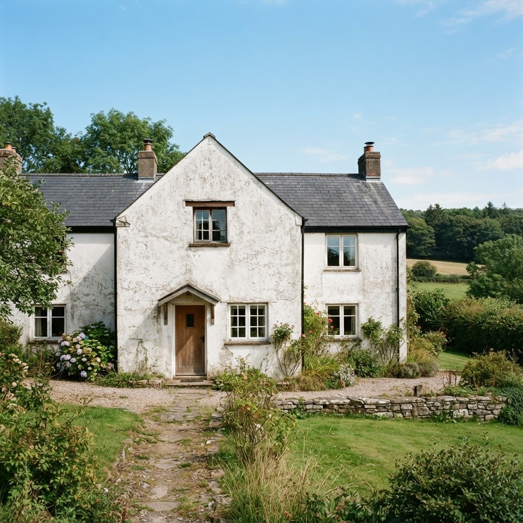 White farmhouse with a single window high in the attic gable