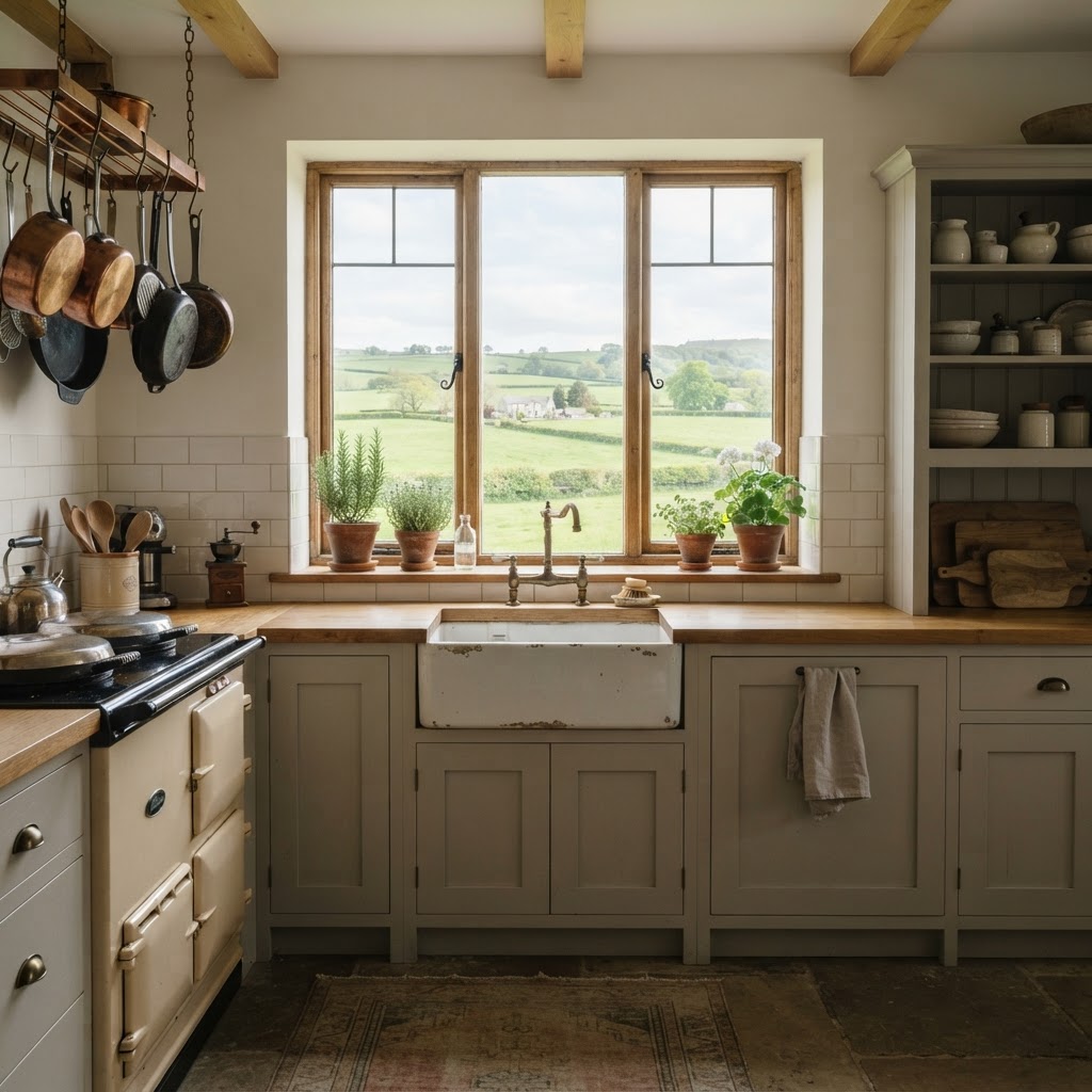 Farmhouse kitchen with a picture window over a butler sink looking onto fields