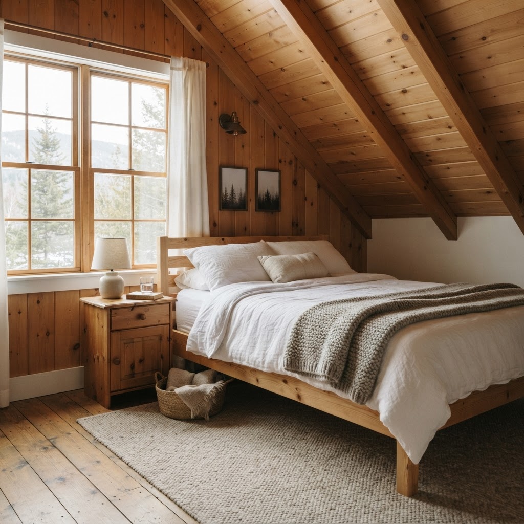 Bedroom with a warm natural pine tongue and groove sloped ceiling, a simple wooden bed with white linen and a wool throw, and soft daylight for a Scandinavian cabin feel
