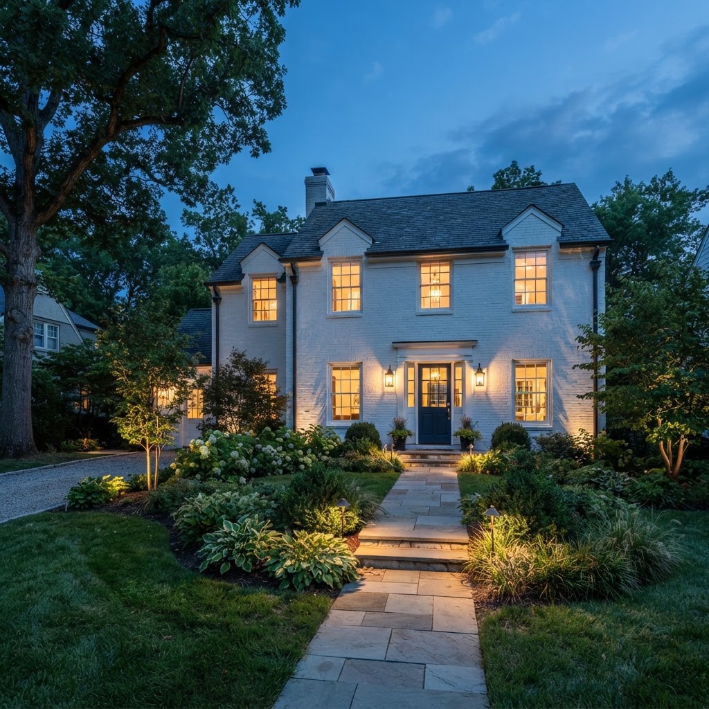 White painted brick house at dusk with warm light glowing from the windows, wall lanterns and garden uplighting along a stone path